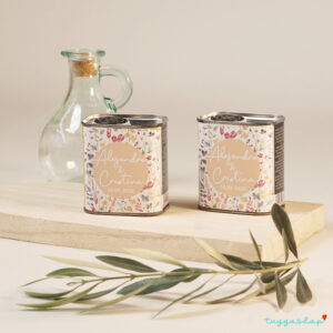 Detalle de boda personalizado. Lata aceite. 100ml. Floral