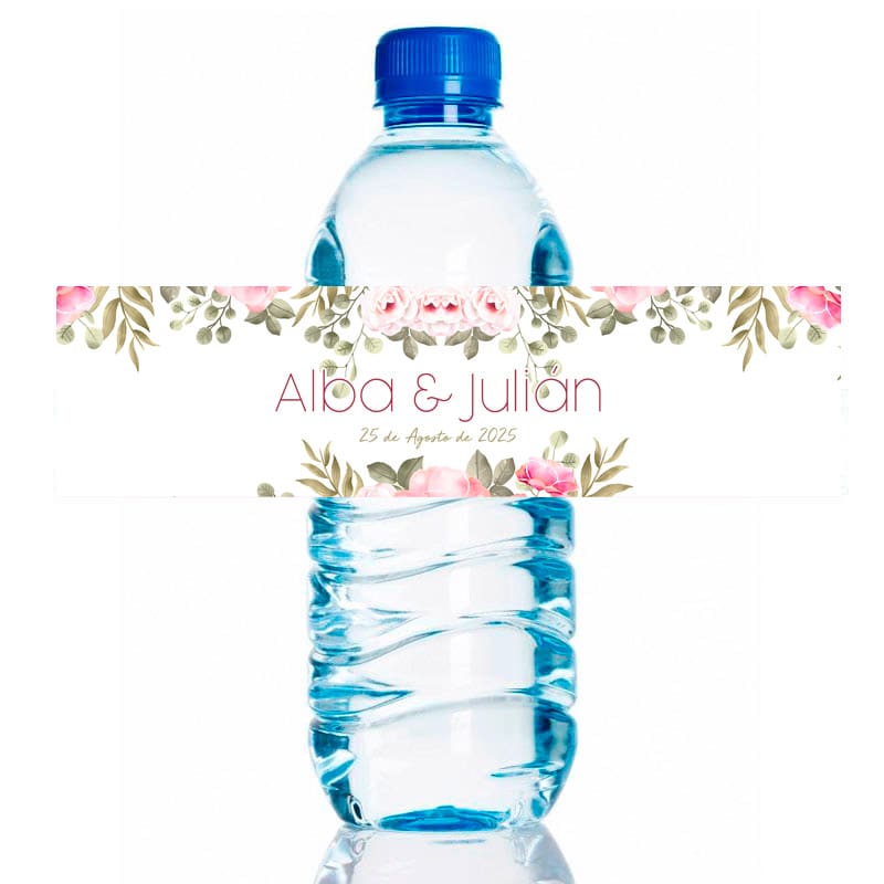 Etiqueta boda adhesiva para botella de agua. Modelo Córdoba. 20x5cm