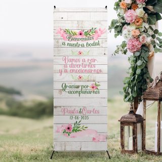 Banner decorativo para boda con un bonito fondo de madera