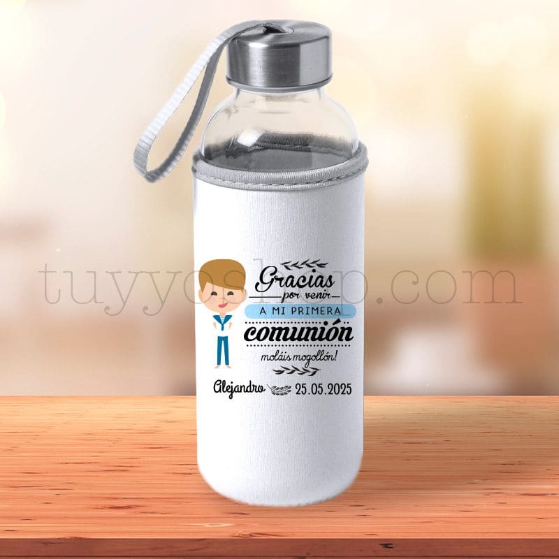 Botella H2O de cristal reutilizable, personalizada, comunión, chico fútbol