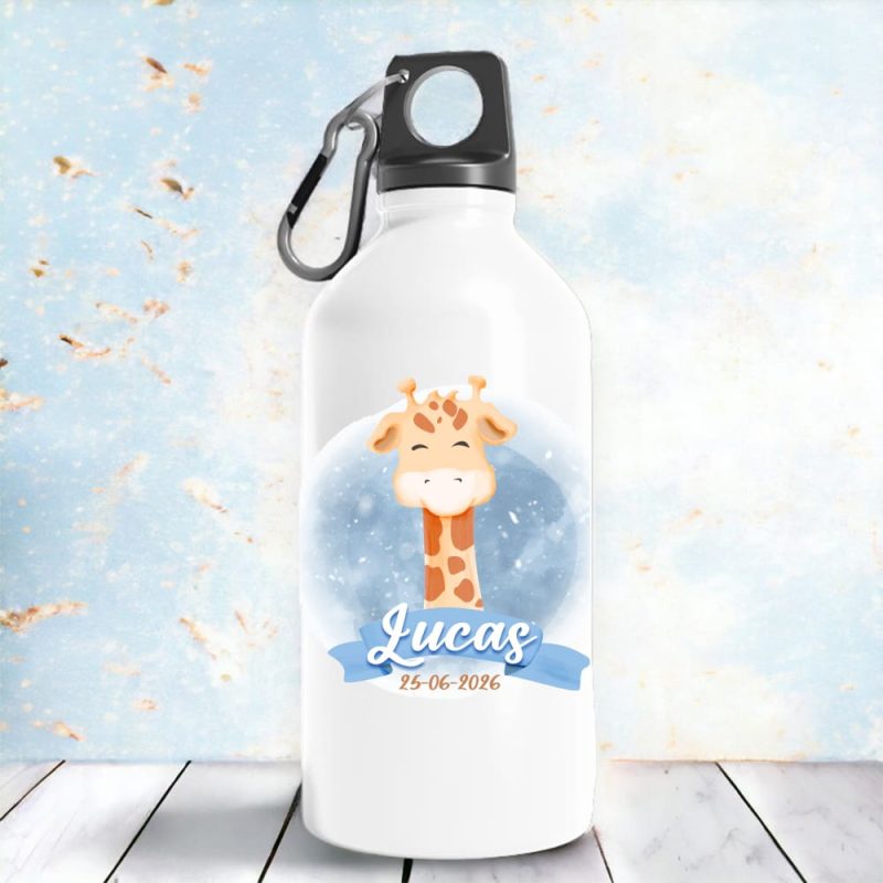 Bidón aluminio, personalizado para bautizo, 400ml, modelo Jirafa