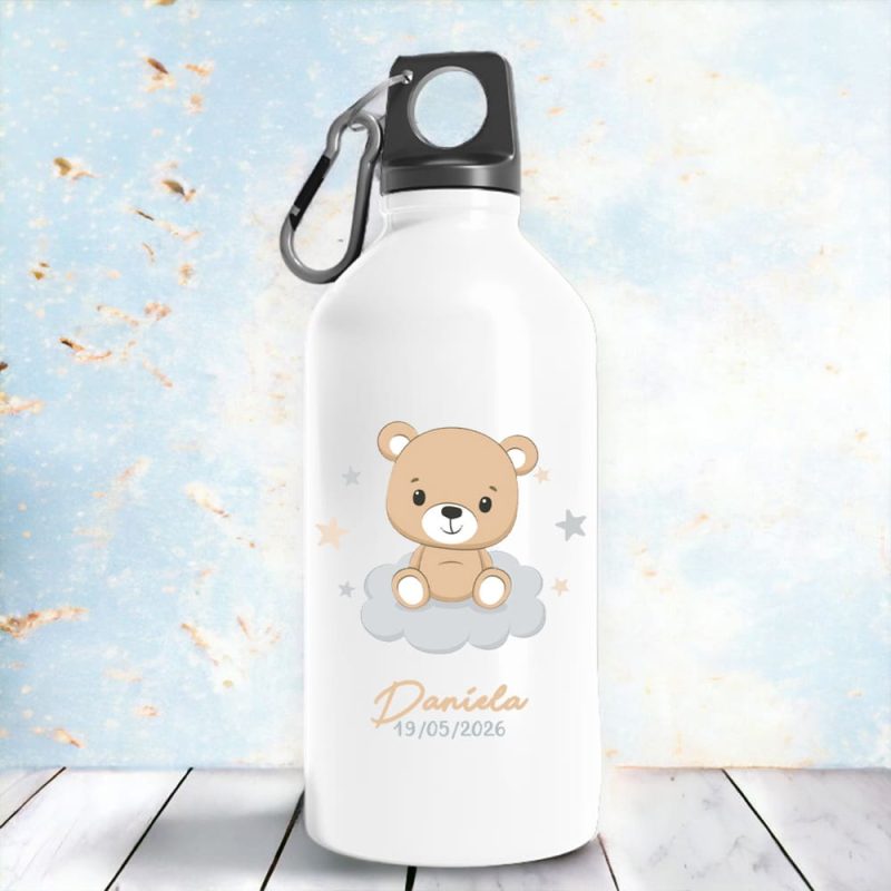 Bidón aluminio, personalizado para bautizo, 400ml, modelo Osito