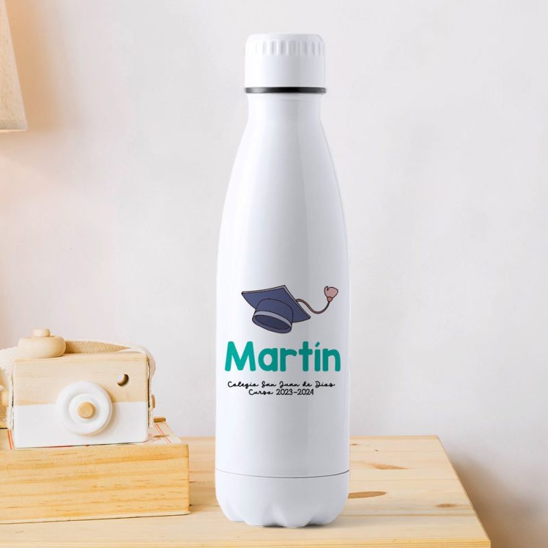 Botella personalizada con nombre para graduaciones en color verde