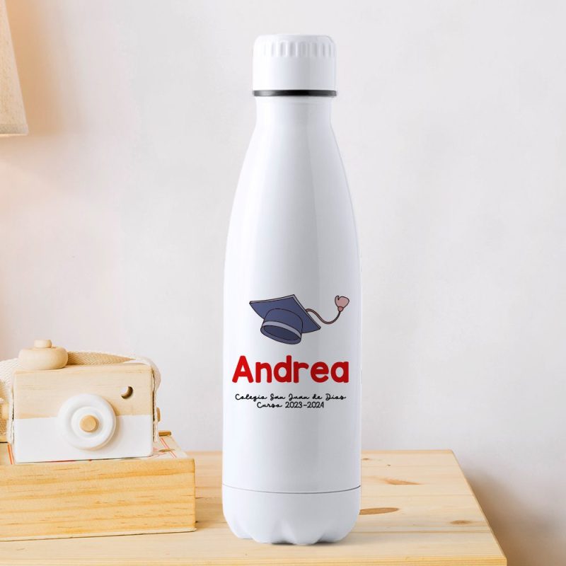 Botella personalizada con nombre para graduaciones en color rojo