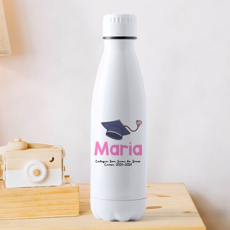 Botella personalizada con nombre para graduaciones color rosa