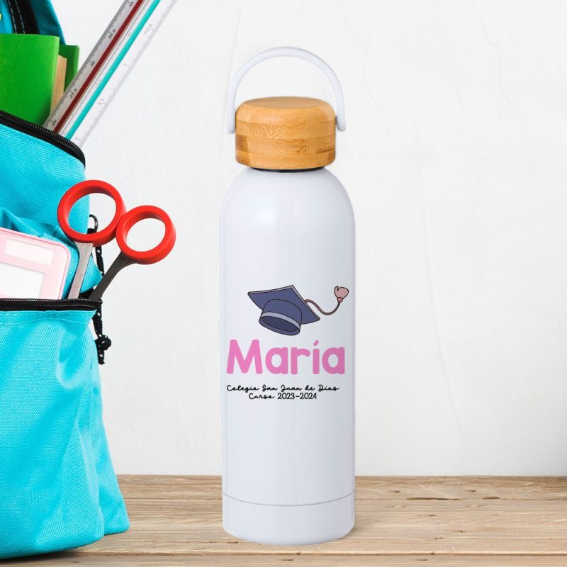 Bidón térmico personalizado con nombre para graduación, en color rosa