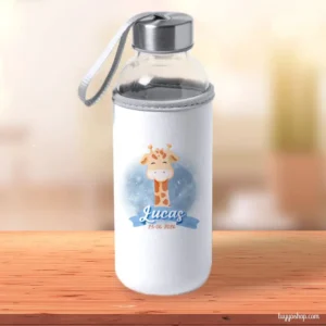 Botella H2O de cristal personalizada tapón acero modelo jirafa banderola