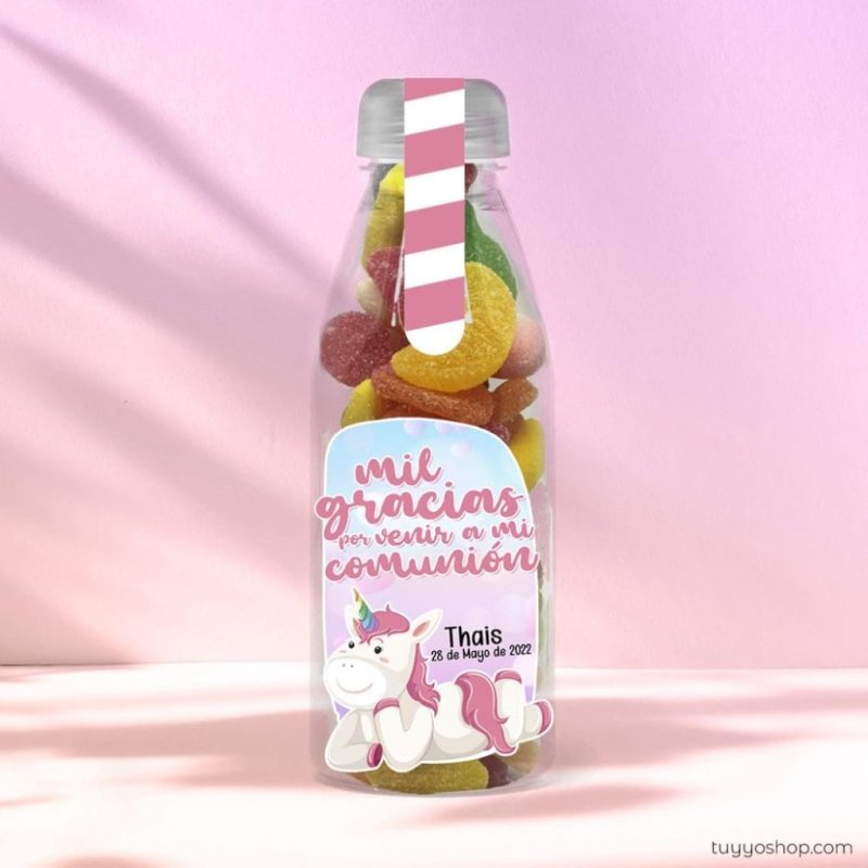 Botella reutilizable, llena de golosinas, personalizable, unicornio