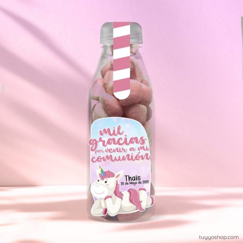 Botella reutilizable, llena de golosinas, personalizable, unicornio