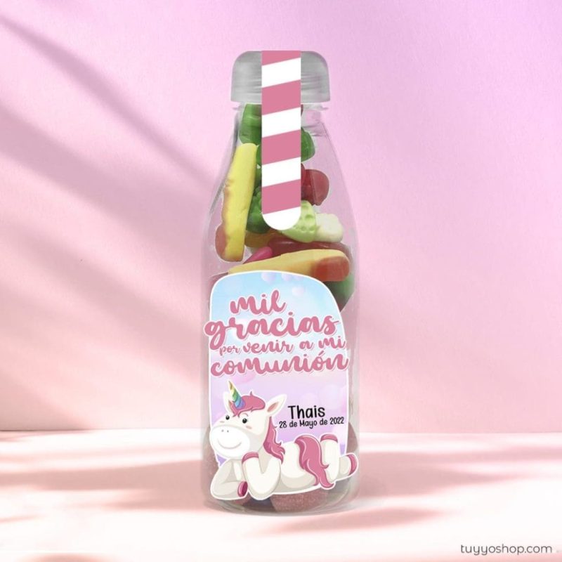 Botella reutilizable, llena de golosinas, personalizable, unicornio