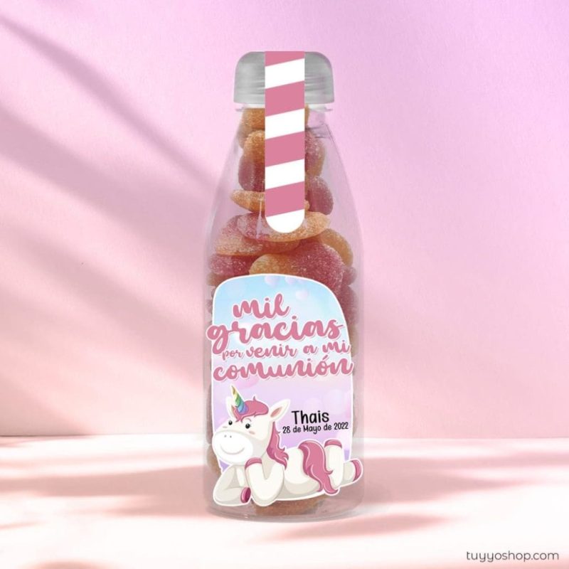 Botella reutilizable, llena de golosinas, personalizable, unicornio