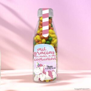 Botella rellena de chuches para comunión, modelo unicornio