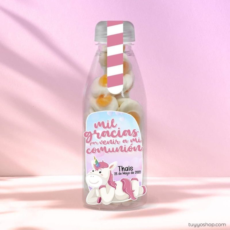 Botella reutilizable, llena de golosinas, personalizable, unicornio