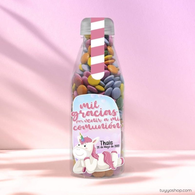 Botella reutilizable, llena de golosinas, personalizable, unicornio