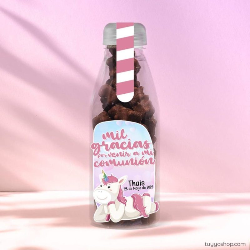 Botella reutilizable, llena de golosinas, personalizable, unicornio