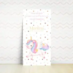 Cartel de bienvenida para bautizo, modelo Pink Unicornio, diseño tierno y colorido