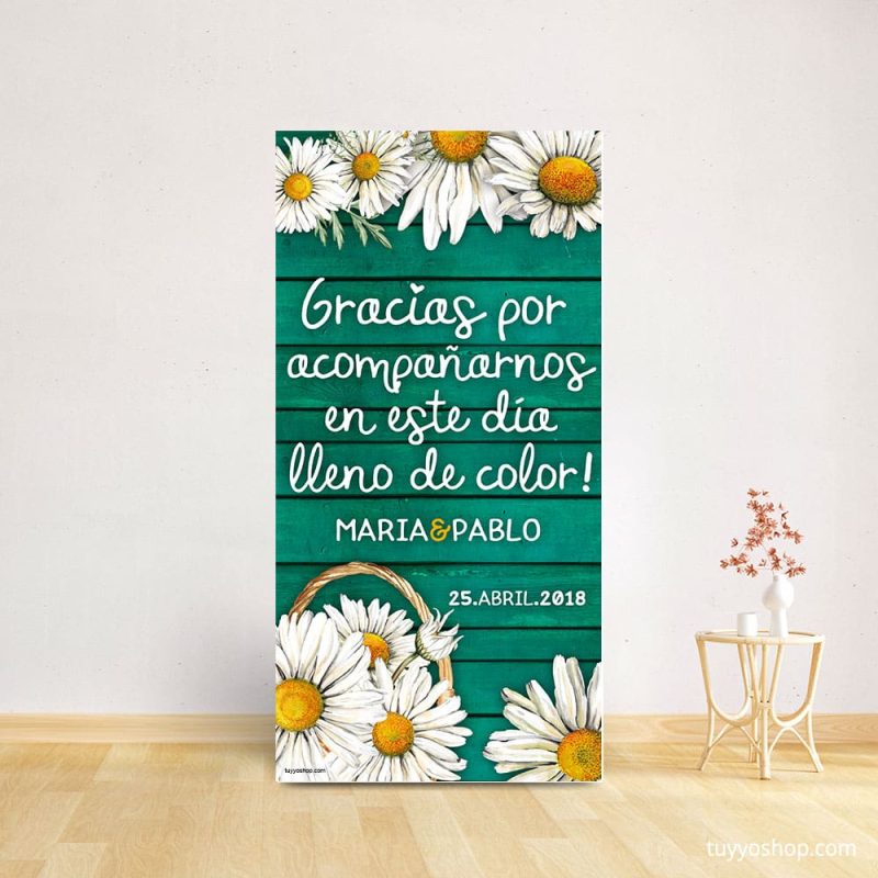 Cartel bienvenida boda. Modelo Margaritas. 70x140cm. Personalizable.