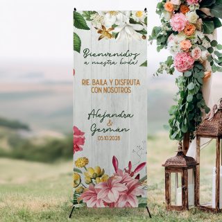 Cartel bienvenida boda explosión floral