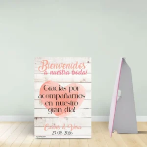 Cartel bienvenida boda con soporte, 70×100, modelo White Wood