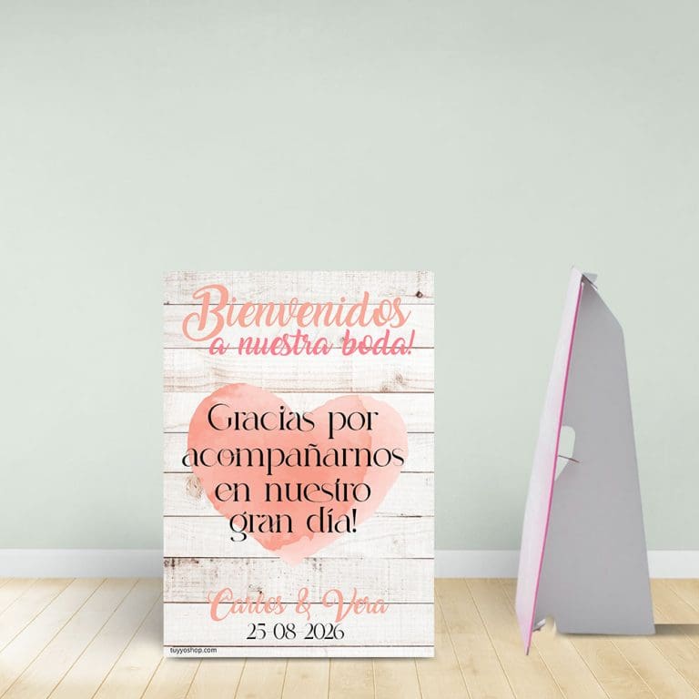 Cartel bienvenida boda con soporte, 70x100, modelo White Wood - Tu&Yo