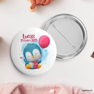 Chapa personalizada para bautizo. Modelo pingüino