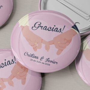 Chapa personalizada para boda, dedos entrelazados. Abridor imán, espejo, imperdible o imán.