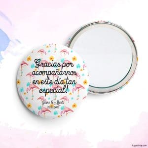 Chapa personalizada para boda, flamencos. Abridor imán, espejo, imperdible o imán.