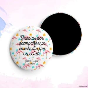 Chapa personalizada para boda, flamencos. Abridor imán, espejo, imperdible o imán.