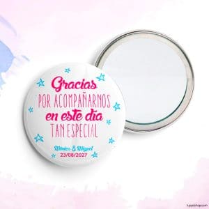 Chapa personalizada para boda, gracias por. Abridor imán, espejo, imperdible o imán.