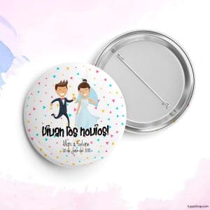 Chapa personalizada para boda, Novios bailando. Abridor imán, espejo, imperdible o imán.