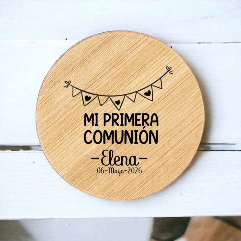 Espejo para comunión personalizado, una cara, bambú. Diseño guirnalda