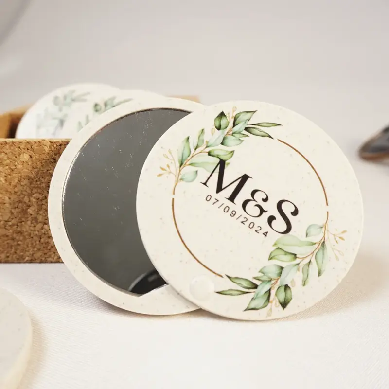 Espejo personalizado ecológico Green para detalles de boda, diseño sostenible y elegante