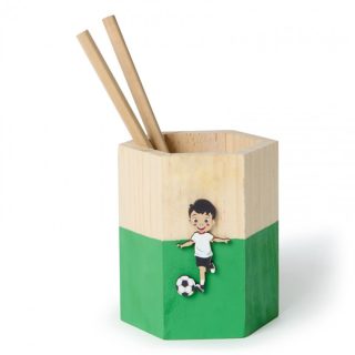 Lapicero de madera para detalles de comunión. Fútbol. 9cm x 10cm