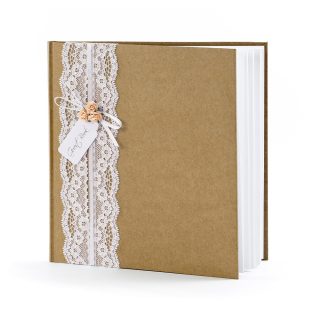 Libro de firmas para bodas. Encaje blanco con rosas y lazo. 20.5 x 20.5 cm