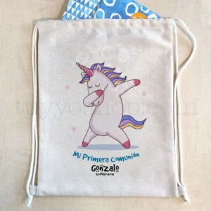 Mochila de cuerdas personalizada para comunión, modelo unicornio dub