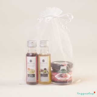 Pack de aceite para boda, vinagre de jerez y mermelada artesana. Bolsa de organza de regalo