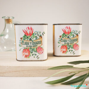 Aceite personalizada para boda en lata. 100ml. Floral Protea