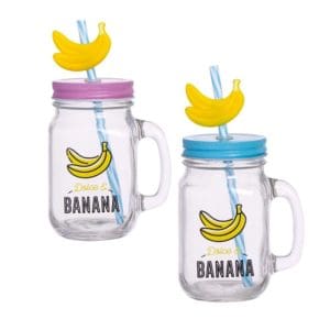 Tarro de cristal Bananas 450ml Incluye pajita, 2 colores