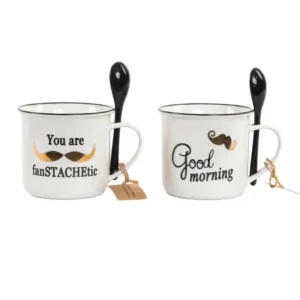 Taza para boda modelo Mustache. Dorado. Con cuchara. 375ml