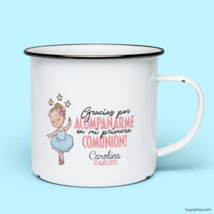 Taza retro metálica comunión. Personalizada. Modelo bailarina