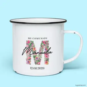 Taza retro metálica comunión. Personalizada. Modelo inicial floral