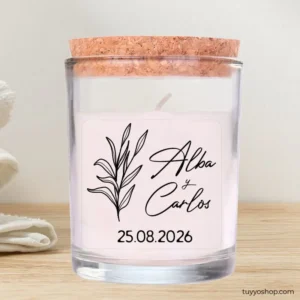 Velas para boda personalizada. Tapa de corcho. Modelo botanical